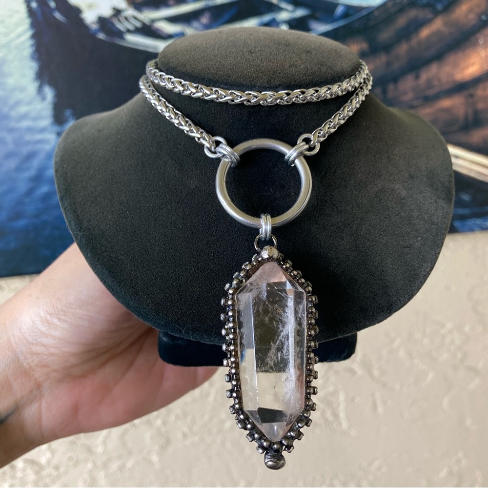 LONG 26 inch chain BIG Crystal quartz black electroplated boho goth necklace